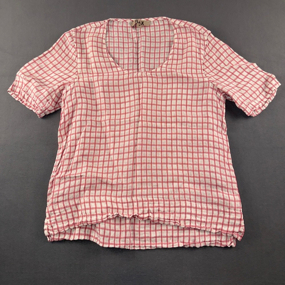 Flax 100% Linen Red White Check Scoop Neck Short Sleeve Blouse Petite P
